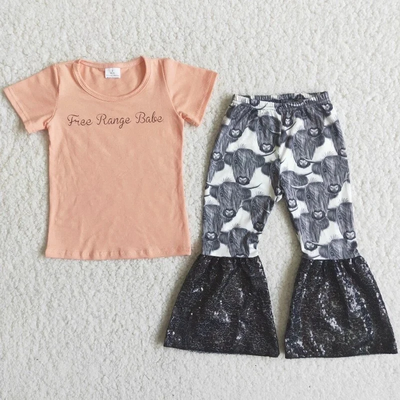 

Wholesale Children Boutique Baby Girl Clothes Set Lotus Color Short Sleeve Free Range Babe Shirt Cow Print Bells Pants Outfit