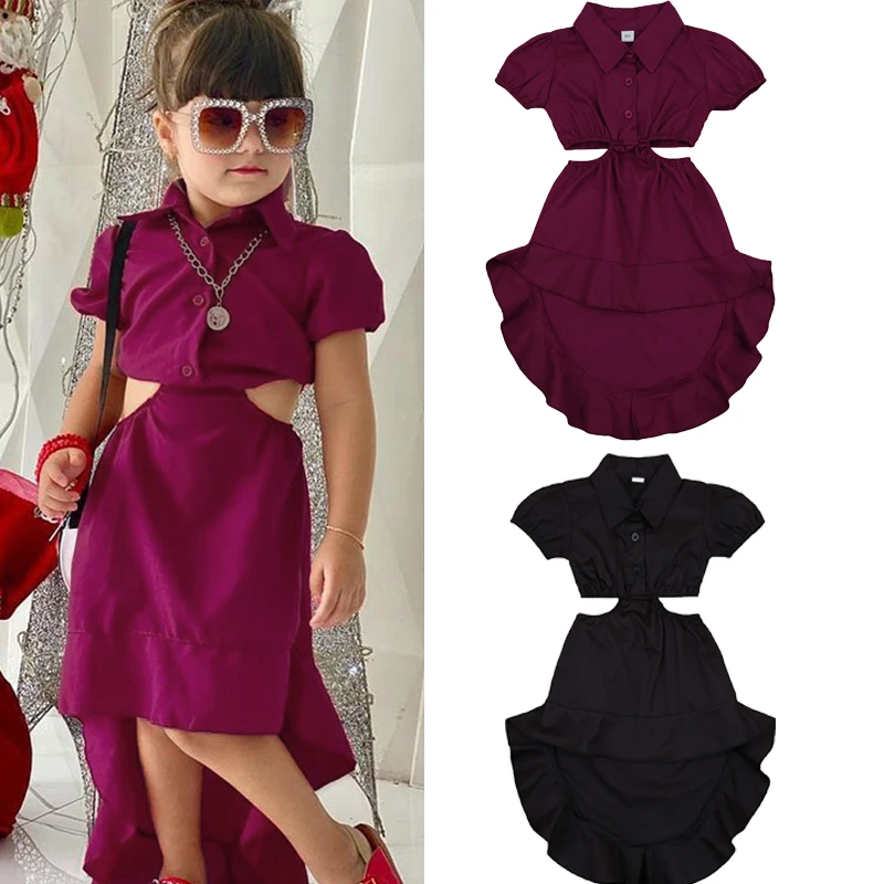 

Fashion Kids Girls Solid Dress Short Sleeve Hollowed Waist Asymmetrical Style Knee Length Party Dress 1-6Y Baby Girl Clothes