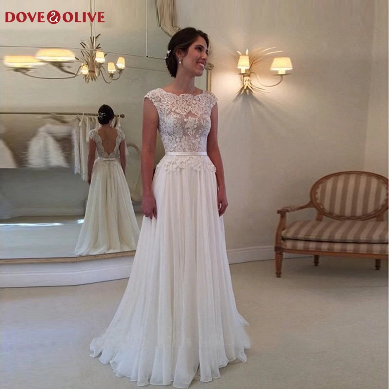 

Simple Boho A-Line Wedding Dresses 2020 Scoop Neck Sleeveless Backless Bridal Gowns With Bow Appliques Illusion vestido de noiva