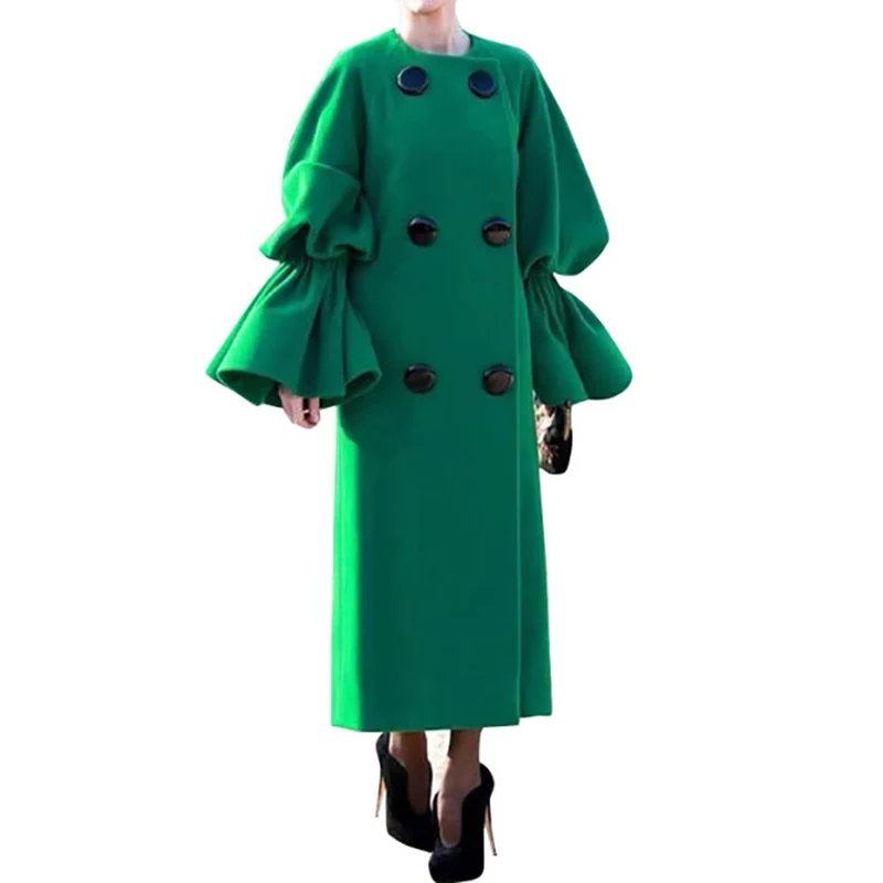 Женское Прямое пальто на пуговицах зеленое с круглым вырезом и рукавами
