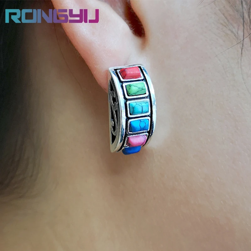 

Delicate Colored Square Turquoise Ear Studs Boho Ethnic Style Metal Ancient Silver Earrings Women Tribal Jewelry Trendy 2021