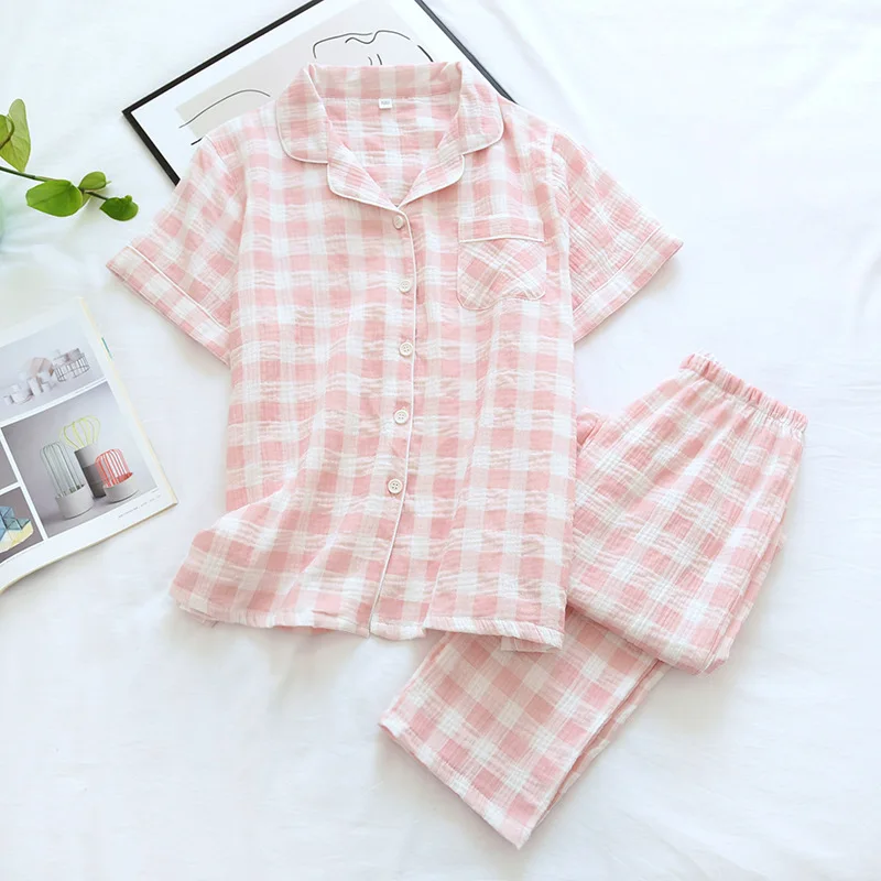 211 Summer Thin Cotton Plaid Girls Pajamas Set Short Sleeve Leisure Sleepwear For Women Loose Nightwear Pant Men Homewear Suit