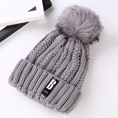 gray hat Теплая вязаная зимняя женская шапка для девочек, шерстяные шапочки Skullies с буквой B, бархатная шапка, шапка-маска, Женская Балаклава, шарф, шапка - Цвет: gray hat