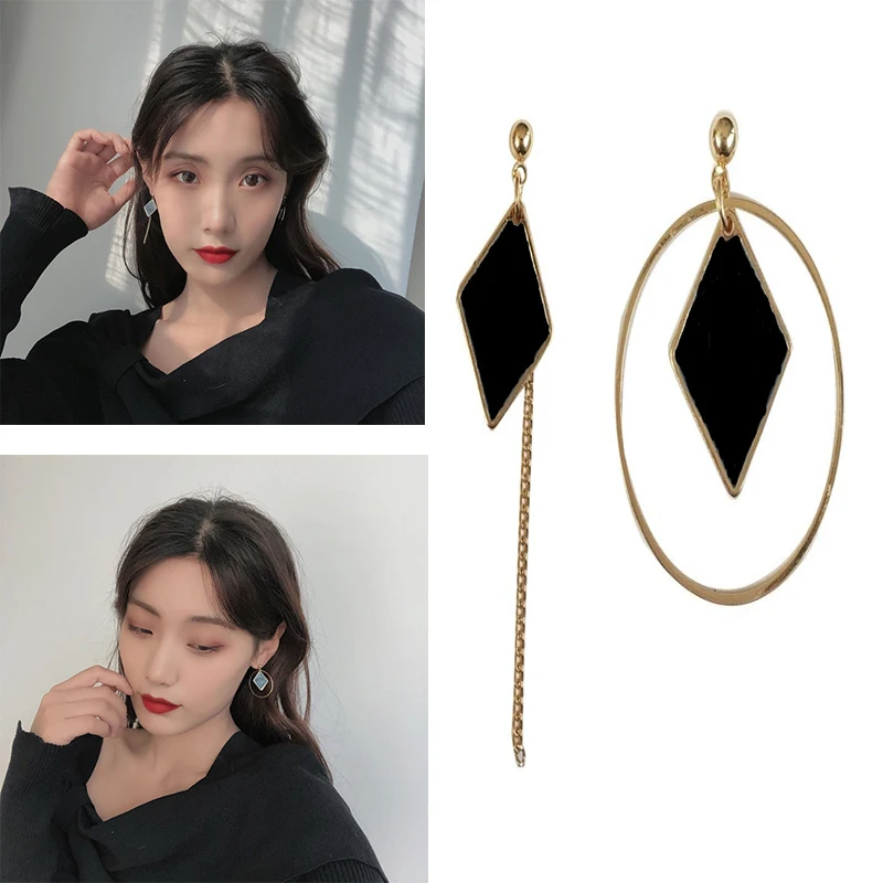 

Long Earring Studs For Women Black Tassel Asymmetrical Accessories Korean Simple Party Jewelry Gift Drop Geometric Earrings