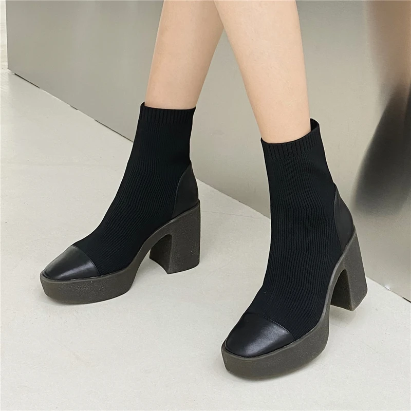

VERCONAS Fashion Concise Women Ankle Boots Patent Leather Platforms High Heels Shoes Woman Square Toe Autumn Winter Casual Boots