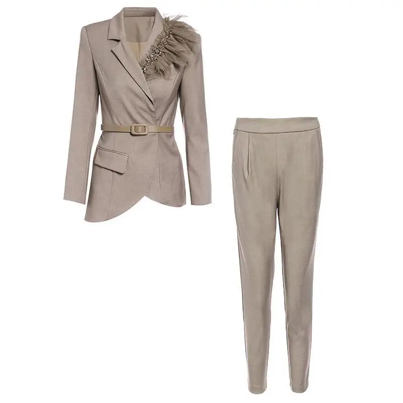 

2021 Spring Autumn New Personality Stitching Lapel Diamond-studded Waist Irregular Suit + High Waist Pant Suit Women's Set Y404