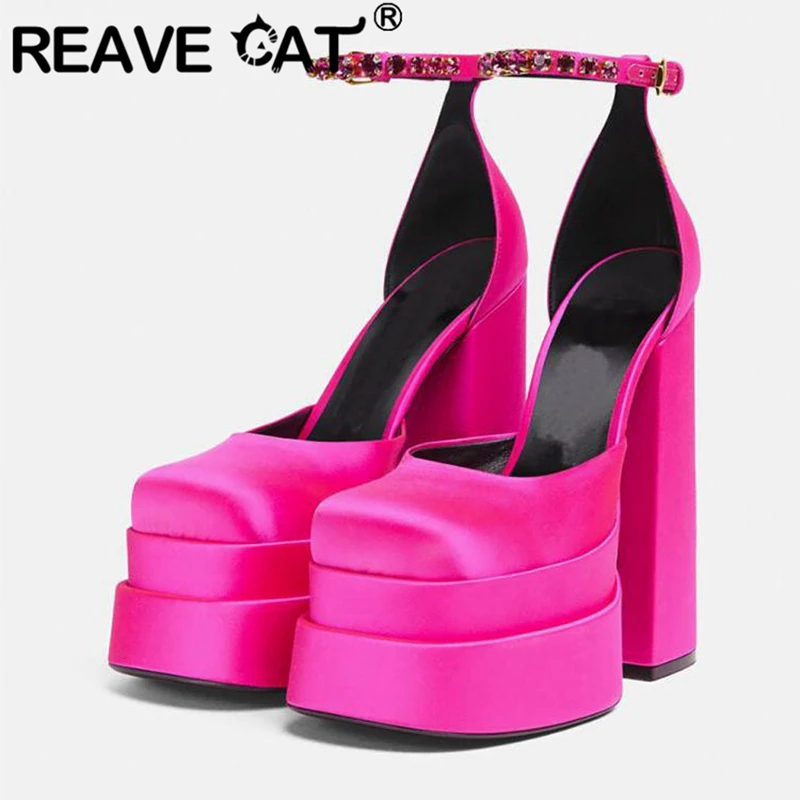 

REAVE CAT High Heel Sandals Square Toe Chunky Heels Satin Buckle Strap Platform Plus Size 34-43 Solid Black Yellow Summer S2816