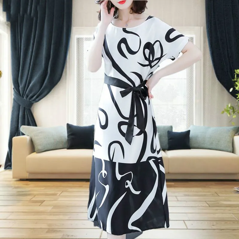 

Women's Spring Summer Style Chiffon Dress Women's O-Neck Short Sleeve Simple Black White Printing Elegant Casual Dress SS3094
