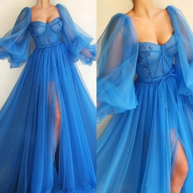 

Prom Dresses 2020 Poet Long Sleeves Sweetheart Ruffles Split Evening Gowns Floor Length Robe de soriee