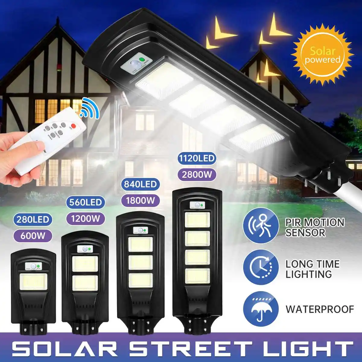 

2800/1800/1200/600W Waterproof Street light 280/560/840/1120 LED Solar Lamp Outdoor Lighting Wall Lamps Flood Light Garden Light