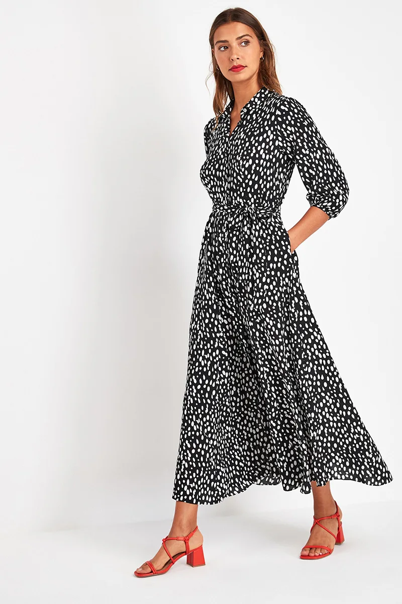 

Vintage Floral Print Maxi Dress Women Boho Three Quarter Sleeve Long Dress Casual Shirt Dresses Robe