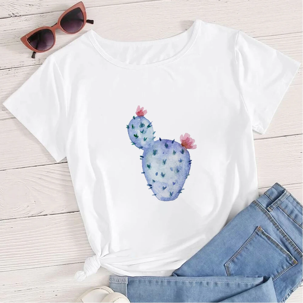 

New Creative Style Tshirt Women Blue Cactus Flower Printed Beautiful Clothes T Shirt Femme Vogue Gorgeous Aesthetic Tshirt