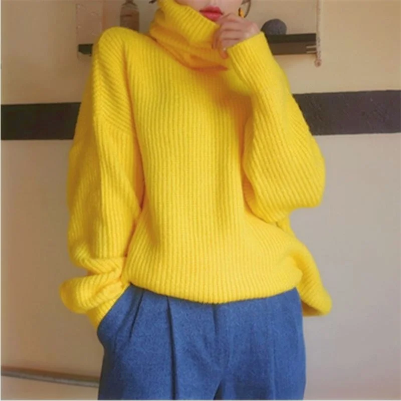 

Winter Turtleneck Knitted Sweater Tops Women Solid Loose Warm Pullover Sweater Female Korean Style Casual Knitwear Sweater 2021