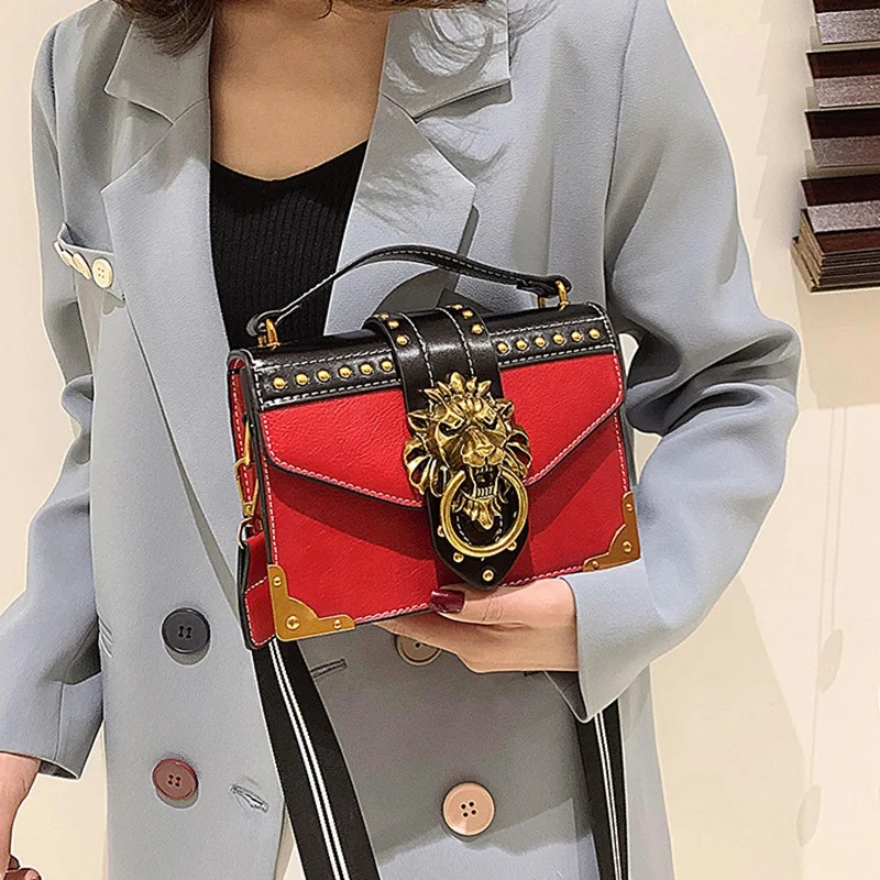 

Female Fashion Handbags Popular Girls Crossbody Bags Totes Woman Metal Lion Head Brand Shoulder Purse Mini Square Messenger Bag