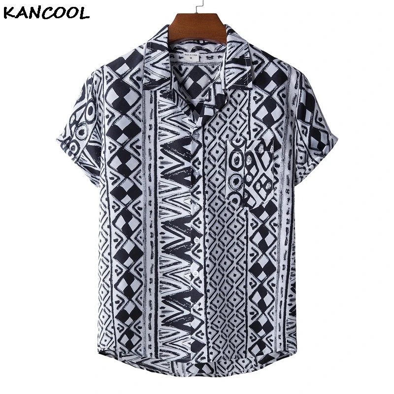 

KANCOOL Mens Vintage Ethnic Style Printing Loose Short Sleeve Casual Shirt Button Hawaiian Beach Turn Down Collar Masculina