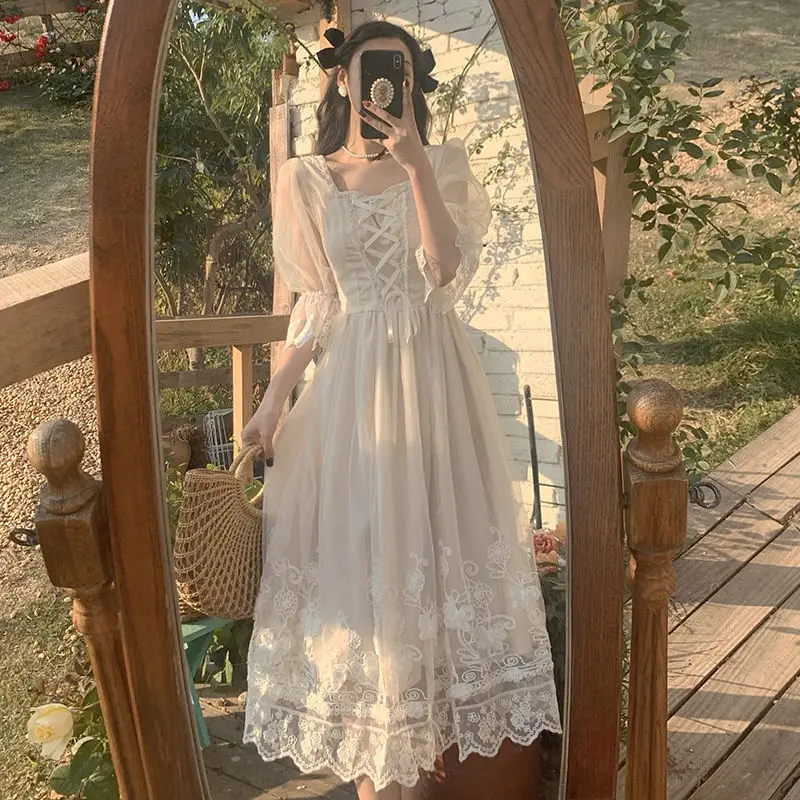 

2021 Summer Lace Sweet Elegant Dress Women Evening Party One Piece Dress Korean Kawaii Short Sleeve Dress Female Square Collar