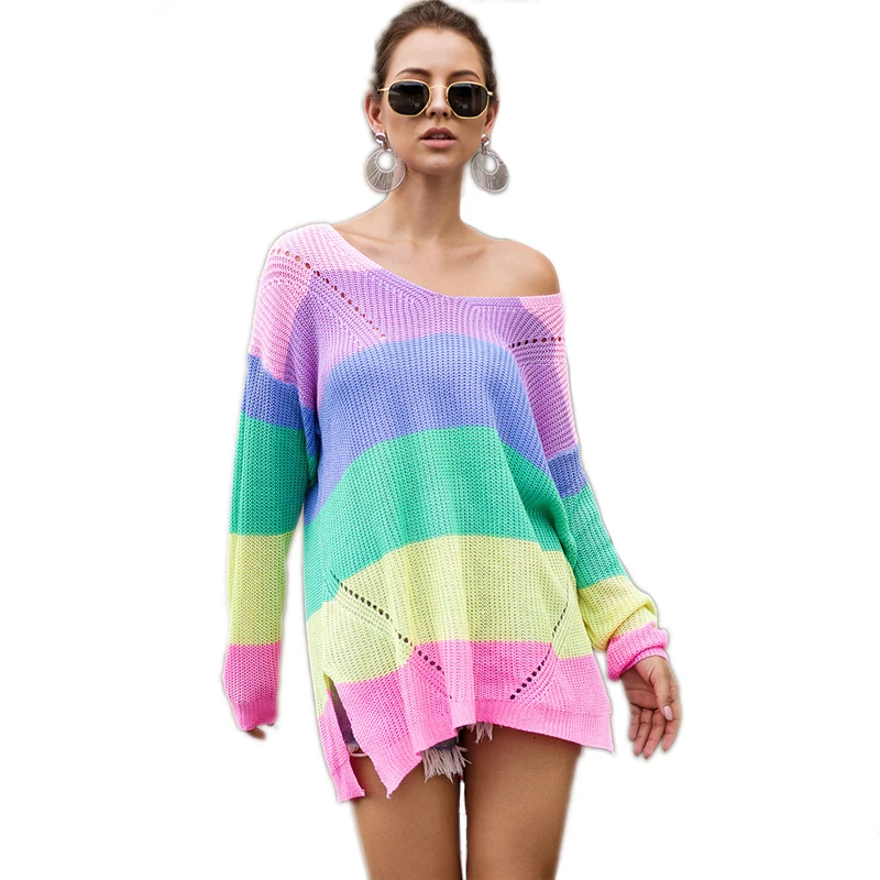 SHEIN Радуга Полосатый Падение плеча Длинный свитер женские топы осень уличная одежда с длинным рукавом V шеи негабаритных Сплит свитера