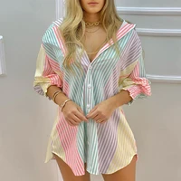 women shirt dress 2021 new summer color striped button front blouse dress v neck long sleeve elegant casual vacation dress
