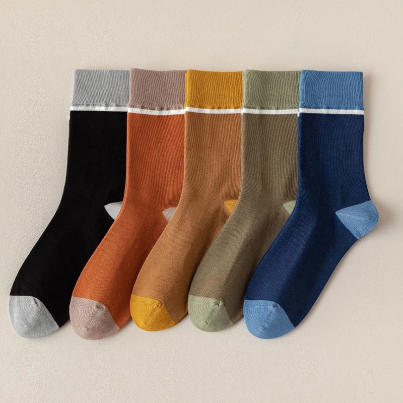 

Middle Tube Socks Men 4/5 Pair Pack Cotton Fashion Stripe Business Style Solid Color Autumn Splicing Chaussettes Homme Calze
