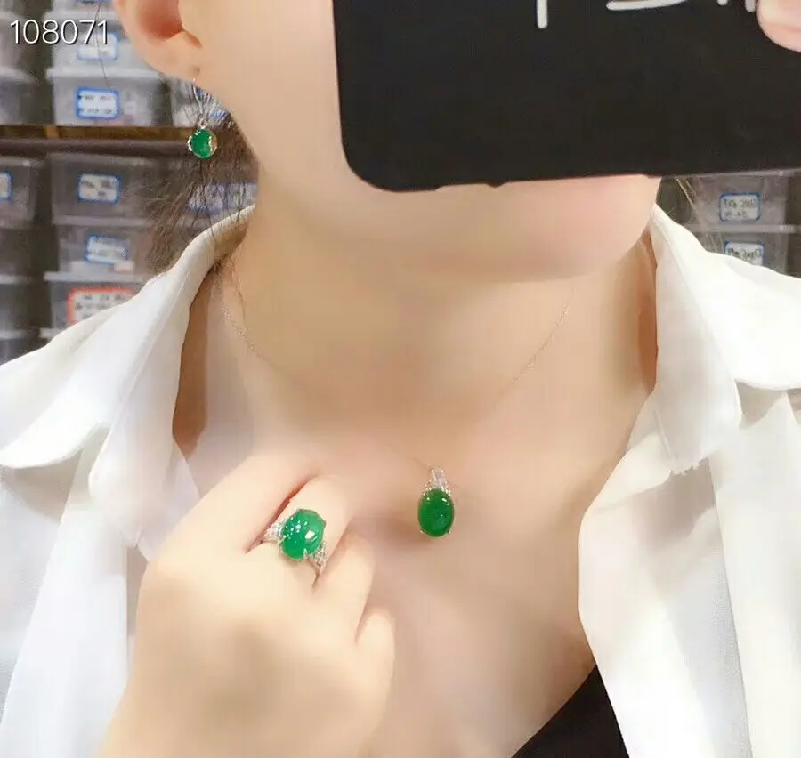 MeiBaPJ Natural Chalcedony Gemstone Earrings Ring Necklace for Women Real 925 Sterling Silver Green Stone Wedding Jewelry Set | Украшения и
