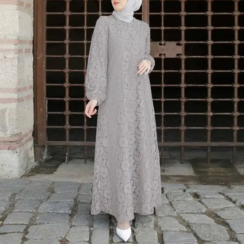 Платье ZANZEA женское с круглым вырезом и длинным рукавом, модный мусульманский кафтан, кружевное цветочное Макси-платье, абайя, Марокканское ...