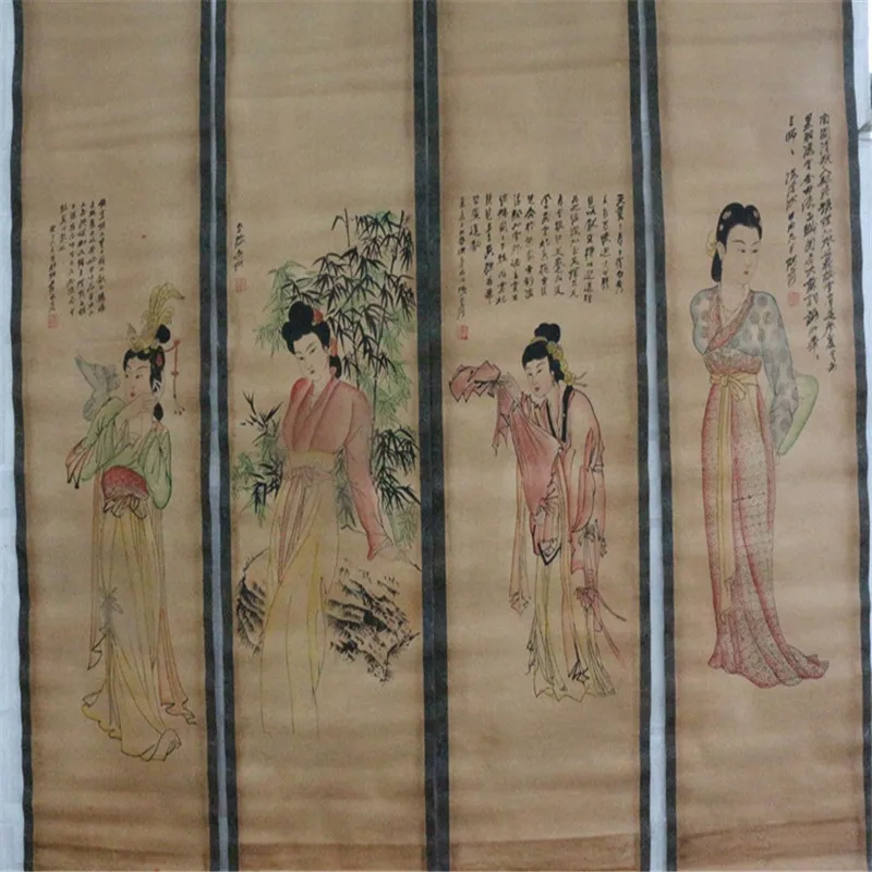 Женская картина на четыре экрана подвесная среднего зала Чжан дацянь | Дом и сад