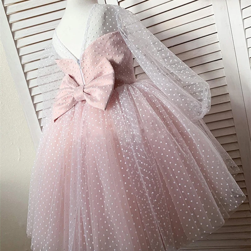 

Cute Girls Elegant Bow Princess Dress Kids Dresses For Girl Costume Children Wedding Cloth Fancy Polka Dots Tulle Tutu Dresses
