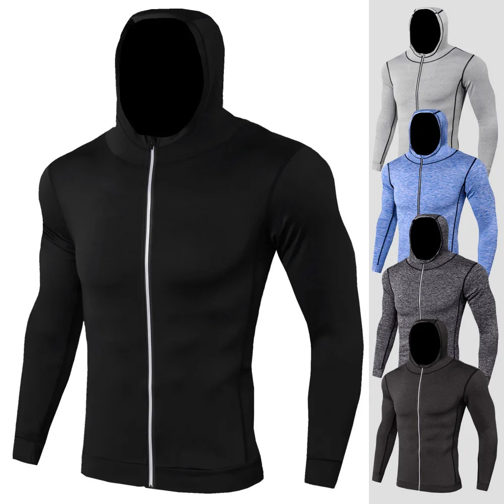 

2021 Men Compression Shirt Gym Tshirt Fitness Top Hoody New Rashgard Hooded Sport Shirt Men Long Sleeve Zipper Running T Shirt