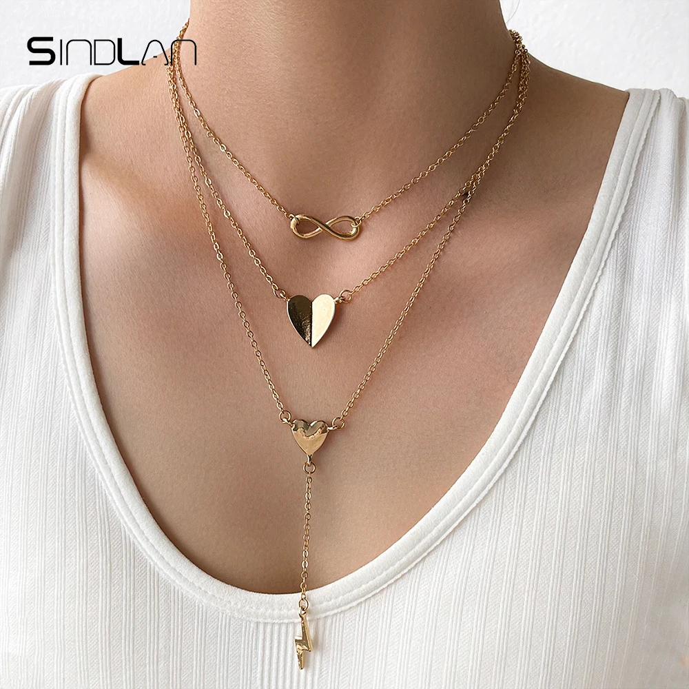 

Sindlan 3 Layer Vintage Heart Gold Color Pendants Necklaces for Women Star Couple 2021 Kpop Fashion Jewelry Collares Para Mujer