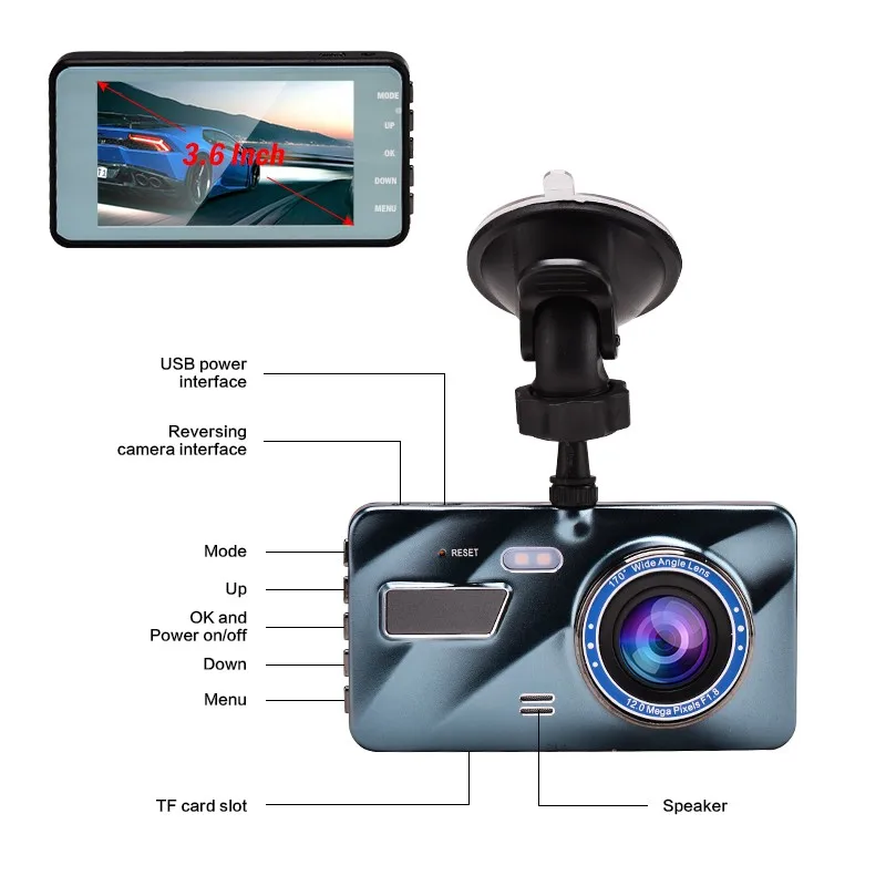 

Car DVR Cam Video recorder 3 in 1Rear View Dual Camera Full HD Car Camera 3.6"Cycle Recording Night Vision