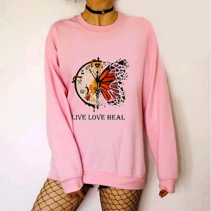 

Women Hoodie Live Love Heal Butterfly Printed Hoodies Women Fleece Long Sleeve O Neck Loose Sweatshirt Girls PulloversWinter