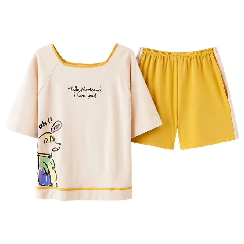 

Cute Color Doodle Puppy Print Cartoon Pajamas For Women Cotton Plus Size TShirts & Shorts Summer Girls Homewear Summer Sleepwear