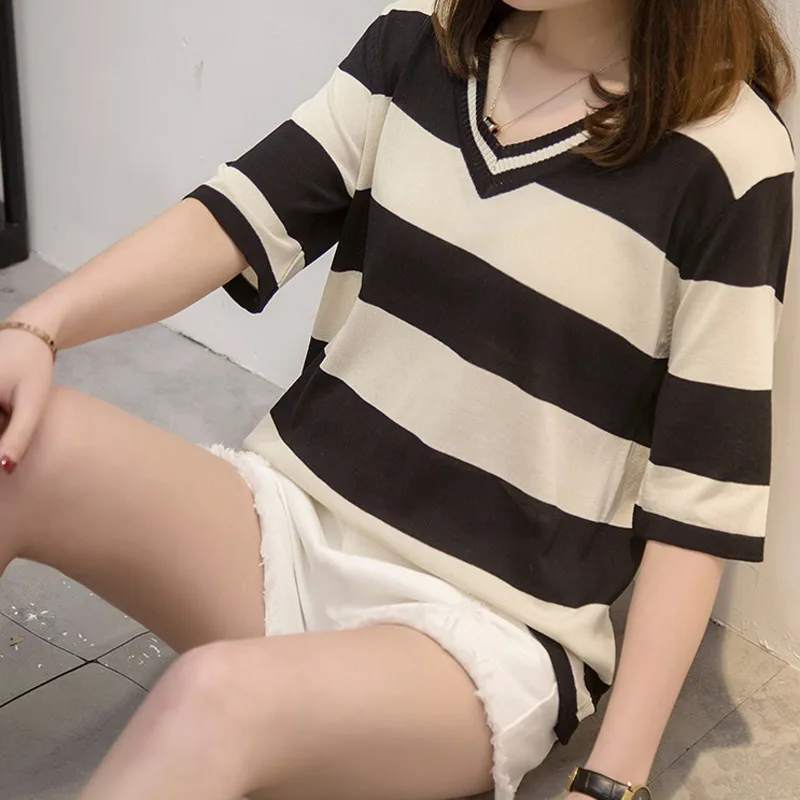 

Nkandby Plus Size Ice Silk Women's T Shirt 2021 Summer Clothes Fashion Striped V-neck Thin T-shirt Short Sleeve Loose Top Femme