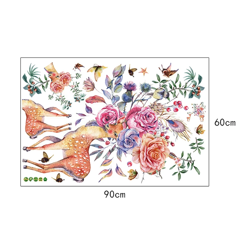 

Beautiful Sika Deer With Flowers Butterfly Wall Art Stickers For Office Shop Home Decoration Pastoral Scenery Wall Mural Decals