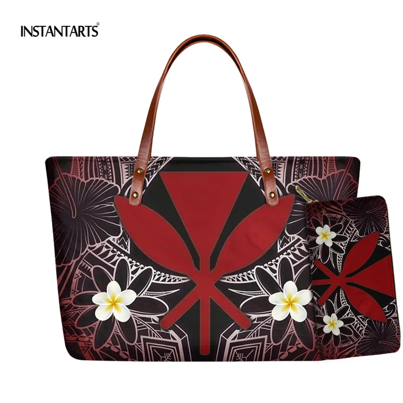 

INSTANTARTS Women Casual Shopping Tote and Purse Hawaii Tribe Plumeria Printing Handle Bag Fashion High capacity 2pcs Bags Set