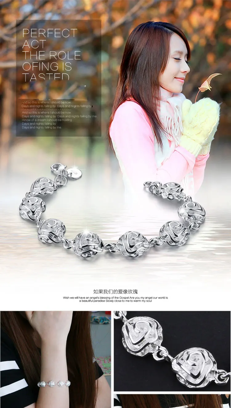 

Hot Promotion Silver Bangle Women Bracelets 925 Sterling Silver Bracelet The Rose Flower.Fashion Popular Jewelry