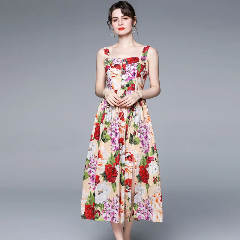 

Женское модельное праздничное платье на бретелях-спагетти, длинное вечерние ничное платье с цветочным принтом и пуговицами, лето 2021