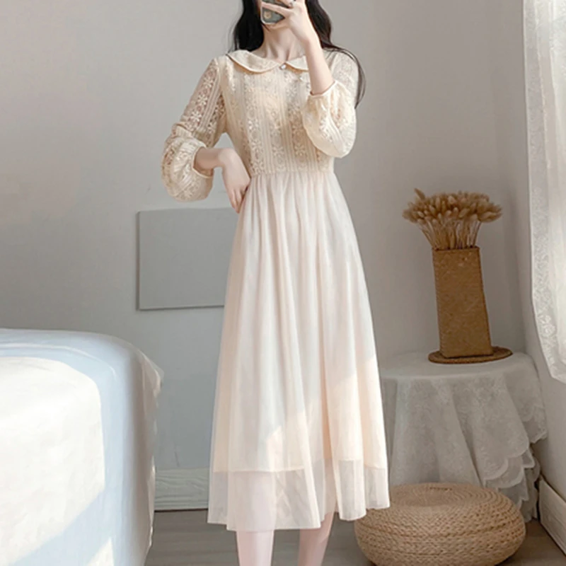 Женское винтажное платье-миди с высокой талией и отложным воротником | Женская