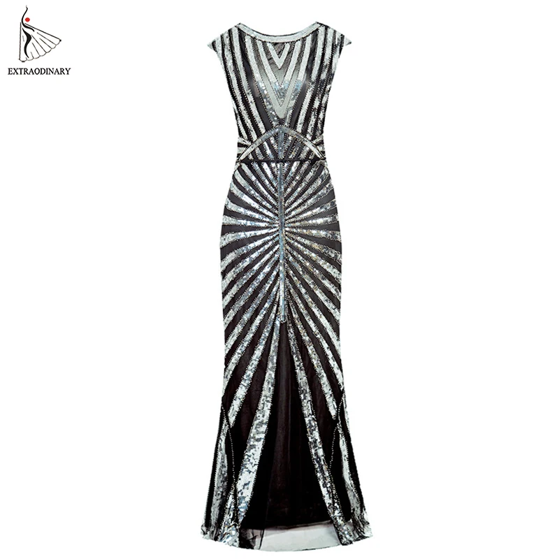 Женские длинные платья в винтажном стиле Great Gatsby Sequin 1920s вечерние платья в стиле АР-деко без рукавов средней длины с круглым вырезом