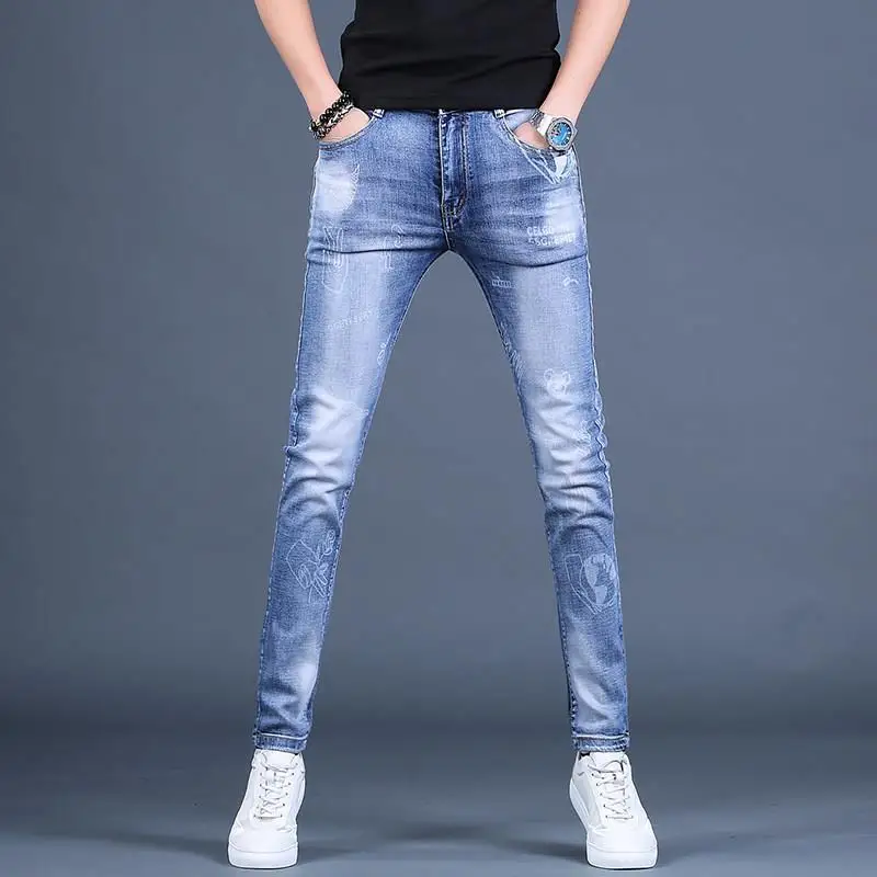 

Korea Version Men’s White Wash Blue Jeans, High Quality Slim Stretch Jeans,Light Luxury Print Jeans, Stylish Sexy Street Jeans;