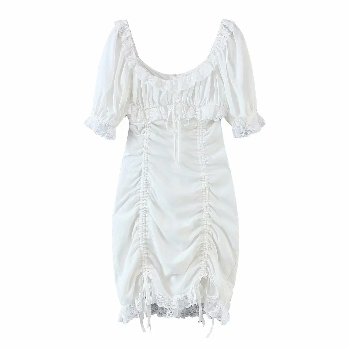 

2021 New Summer Slim Solid Color Lace Up Casual Short Dress For Ladies Puff Sleeve Square Collar Lace Pleated Dresses Women
