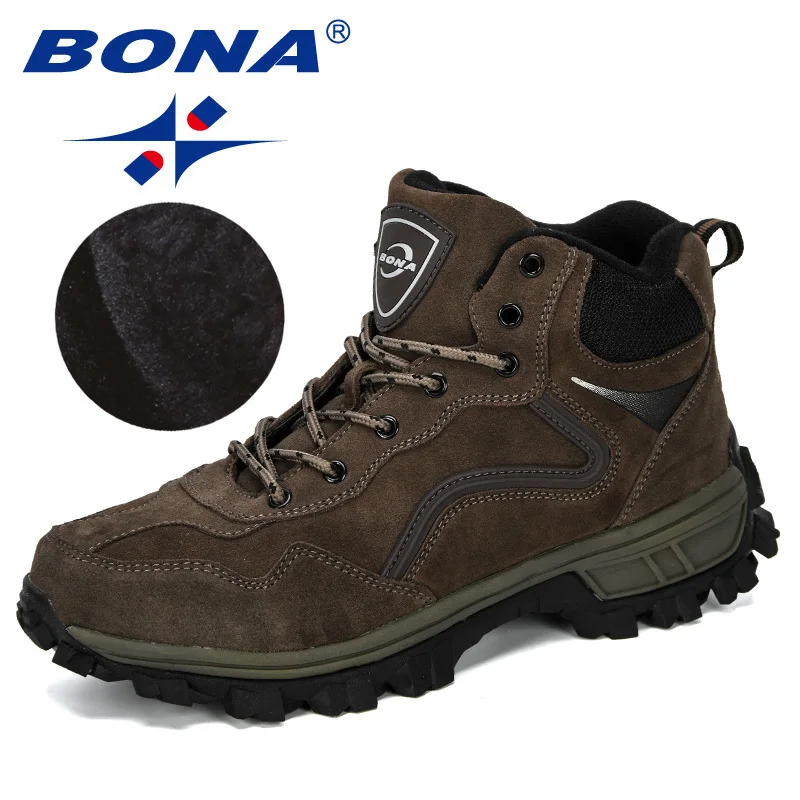 Army green gray BONA/Новинка; Замшевые мужские треккинговые ботинки; зимние ботинки для альпинизма; мужские высокие кроссовки для альпинизма, кемпинга, охоты, бега, ходьбы; плюшевая обувь - Color: Army green gray