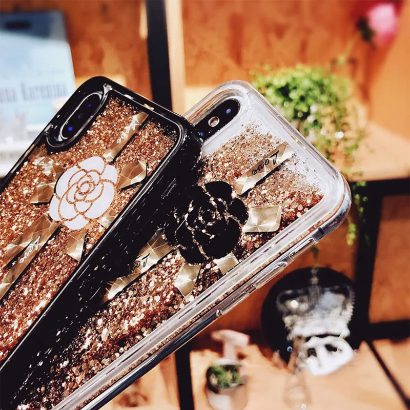 Luxury Gift Camellia Gold Sequin Bling Glitter Dynamic Liquid Quicksand Phone Case For iPhone X XS XR Xsmax 6S 7 8 Plus TPU |