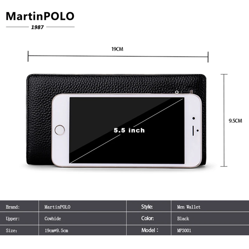 Мужской Длинный кошелек MartinPOLO из натуральной кожи на молнии с отделением для
