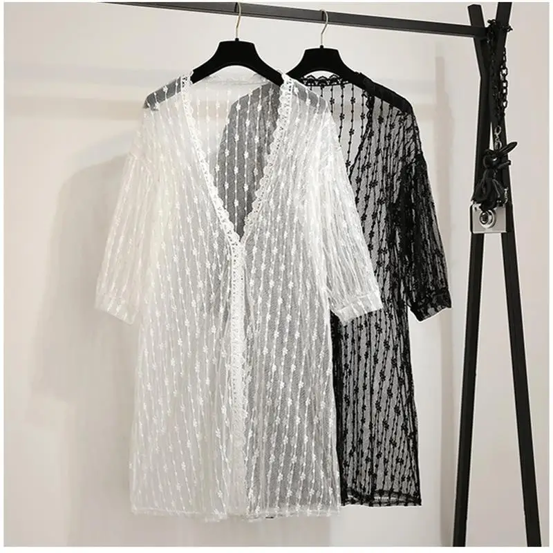 

Женский Новый Повседневный Универсальный легкий подходящий кардиган, длинное кружевное солнцезащитное пальто белого и черного цвета, круж...