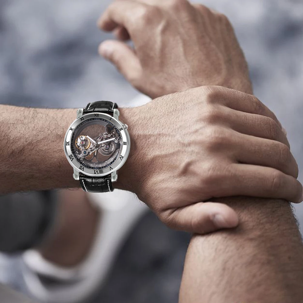 Мужские механические наручные часы с кожаным ремешком чехол серебряным