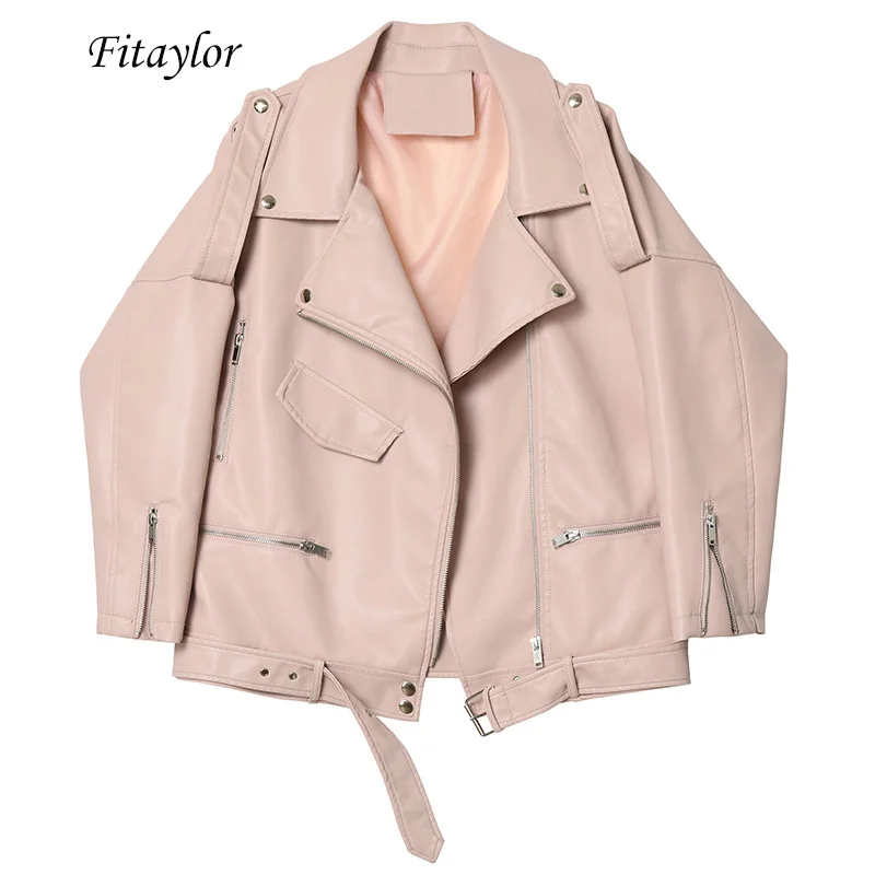 

Fitaylor Autumn Women Faux Soft Leather Loose Jacket Coat Turndown Collar Zipper Pu Motorcycle Overcoat Female Rivet Punk Jacket
