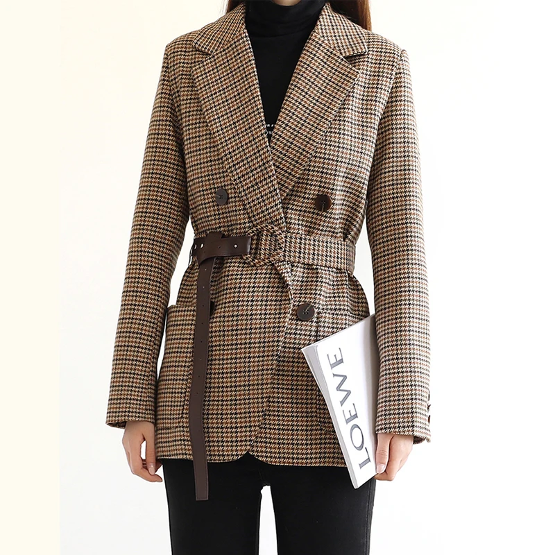 

BGTEEVER Vintage Houndstooth Women Blazer Sashes Double-breasted Plaid Female Suit Jacket Long Sleeve Pockets blaser femme 2020