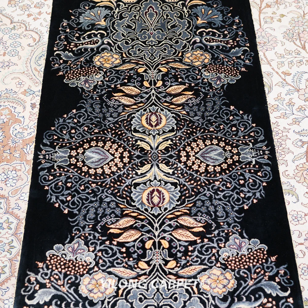 Yilong 2 'x 6' персидский шелковый коврик черный изысканный ручной переплетенный