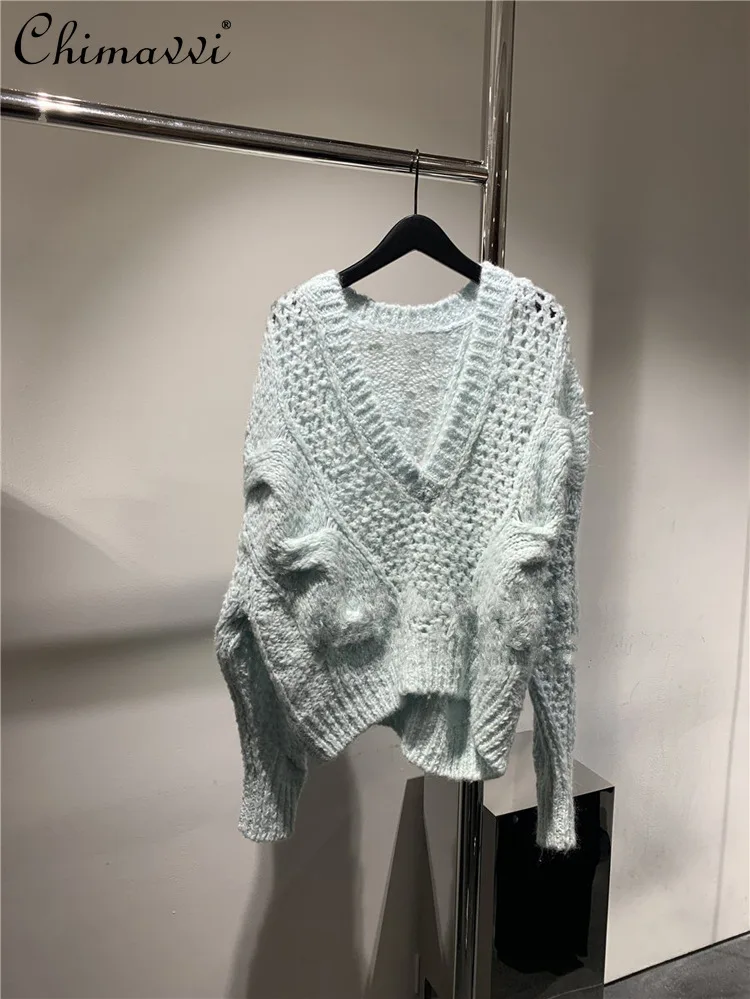 

Повседневный кашемировый свитер с длинным рукавом, осень 2021, шерстяной синий пуловер с V-образным вырезом, Женская свободная теплая трикота...